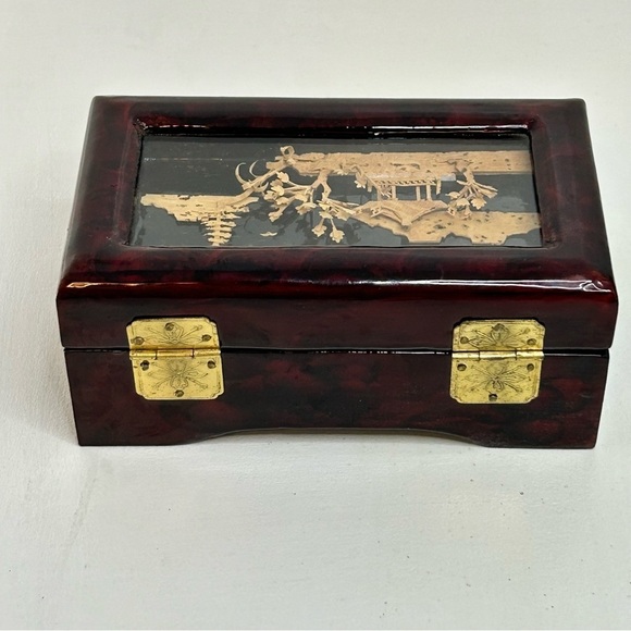 Oriental Hand Carved Pagoda Diorama Cork Art Wooden Trinket Jewelry Box Glass - Picture 3 of 9
